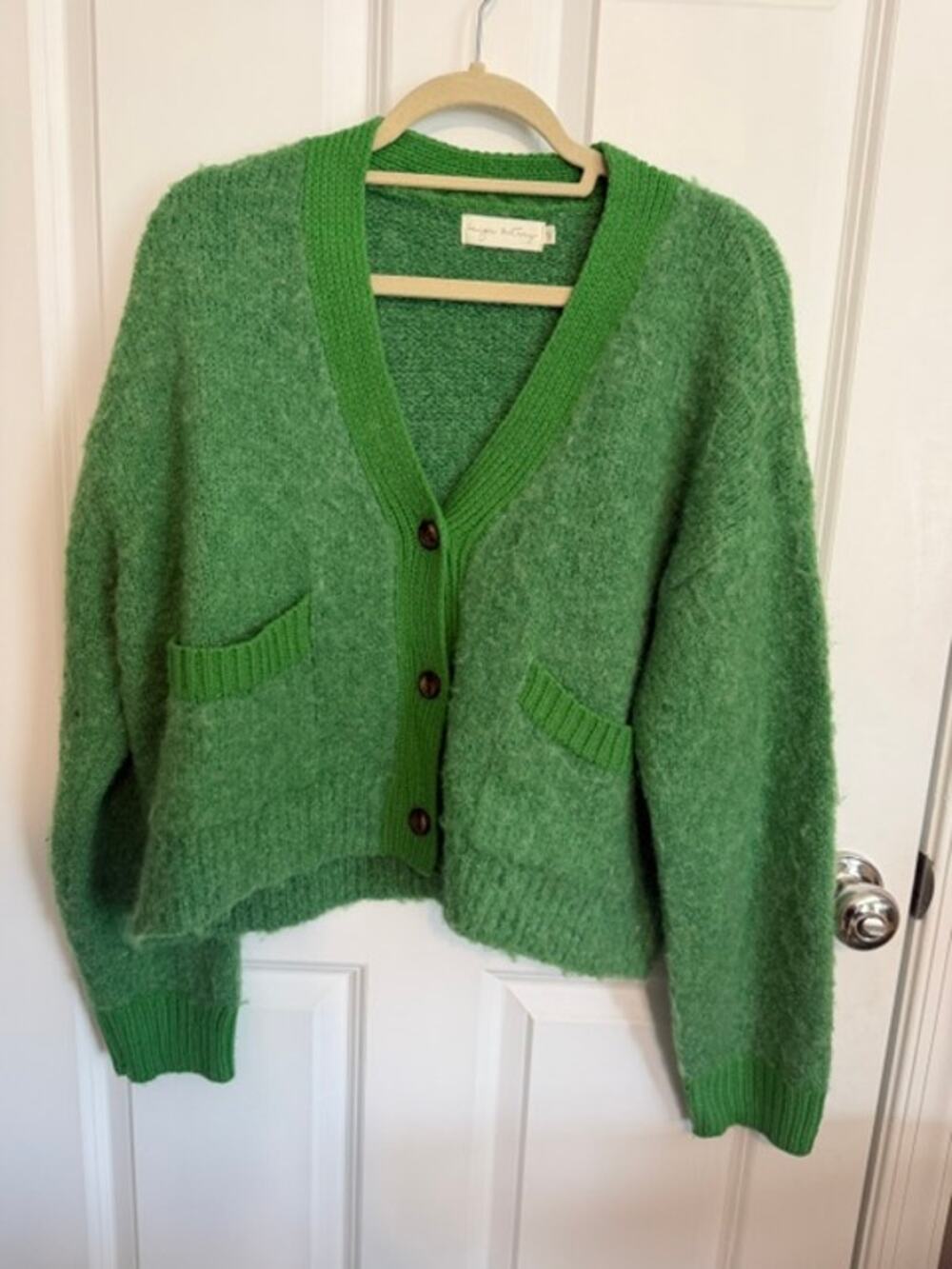 Beige Botany Green Fuzzy Cardigan Sweater Medium